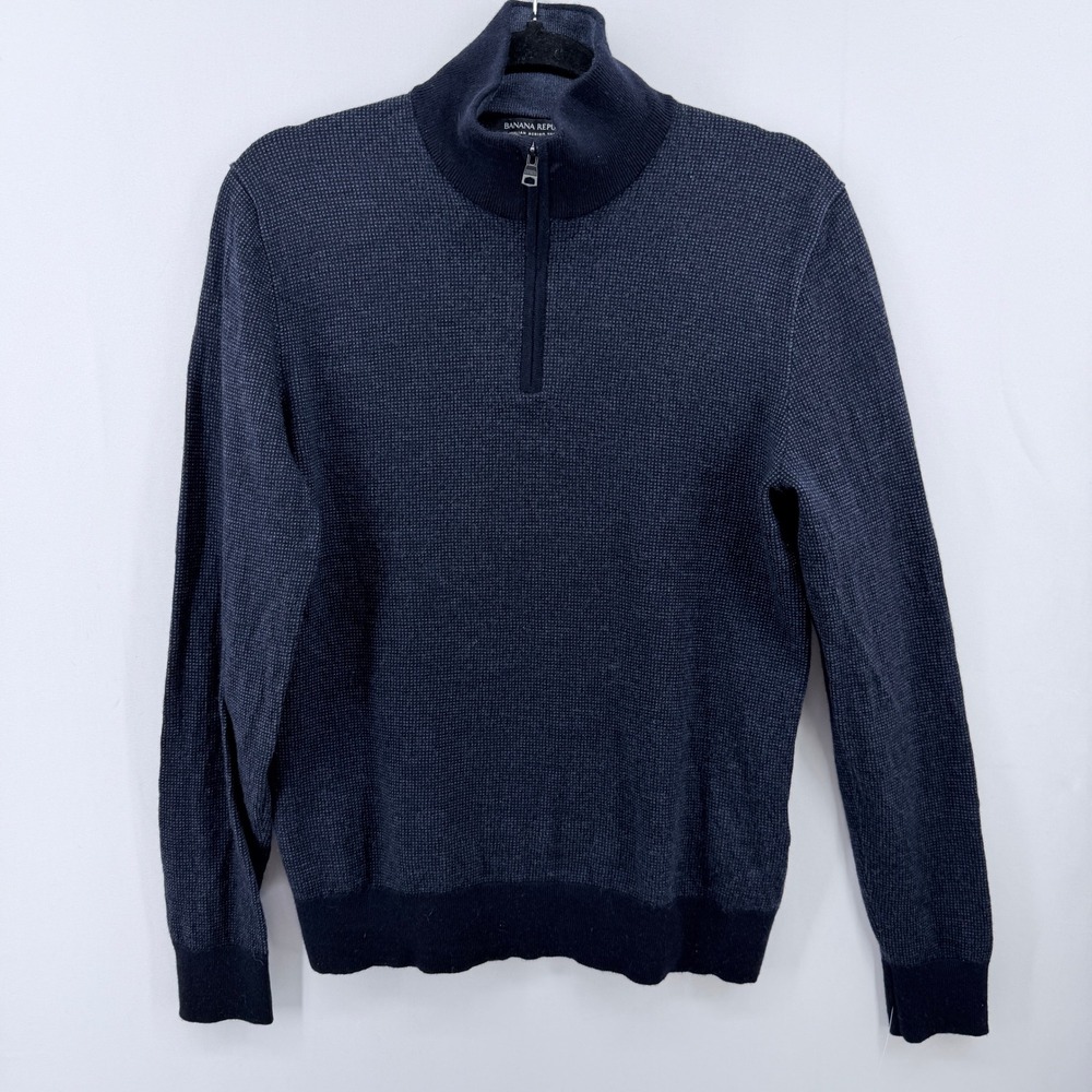 Banana Republic Mens Italian Merino Baruffa Quarter Zip Sweater Navy Blue Medium
